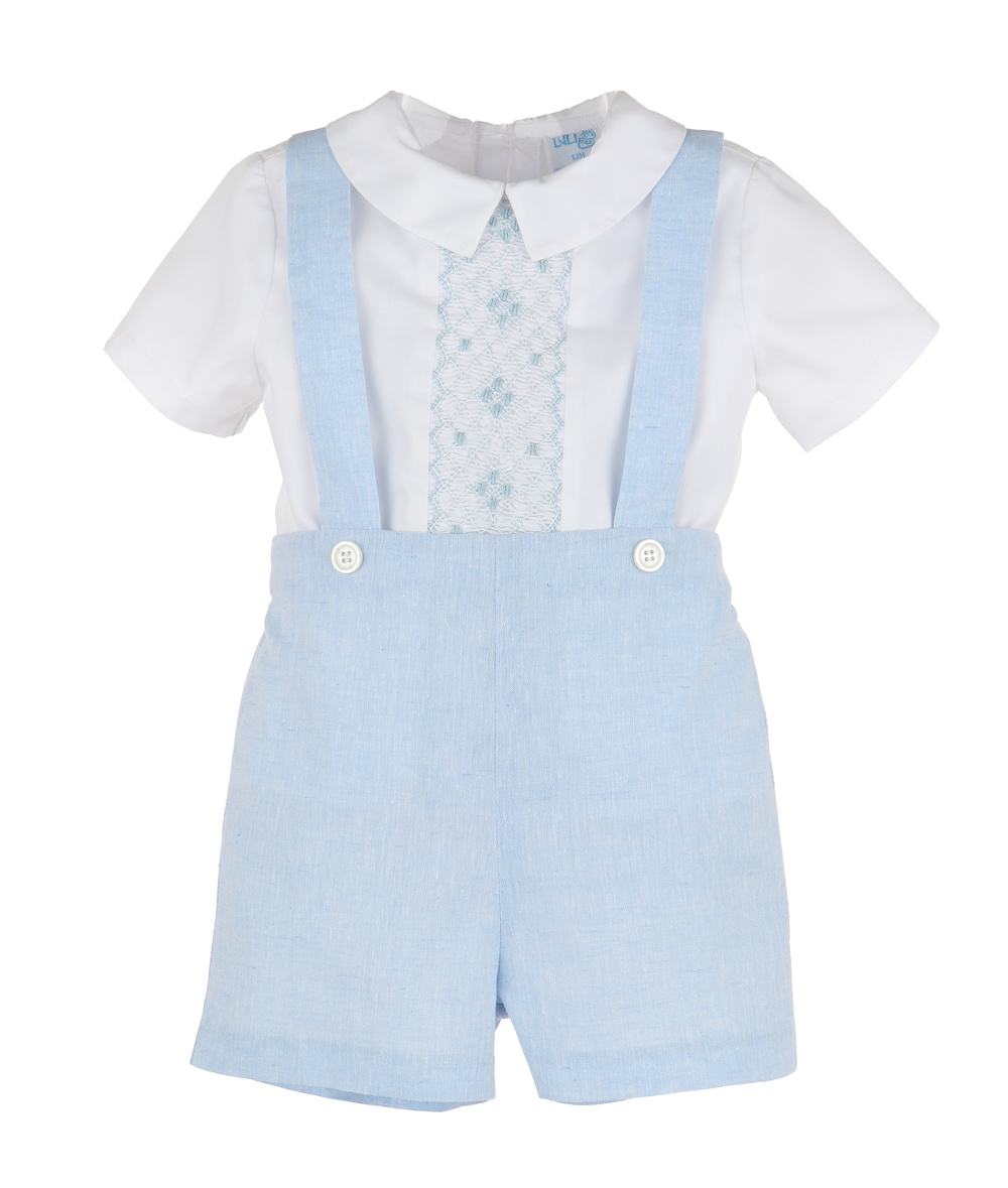 Luli & Me Boys Suspender Shorts Set Light Blue with Smocked White Shirt