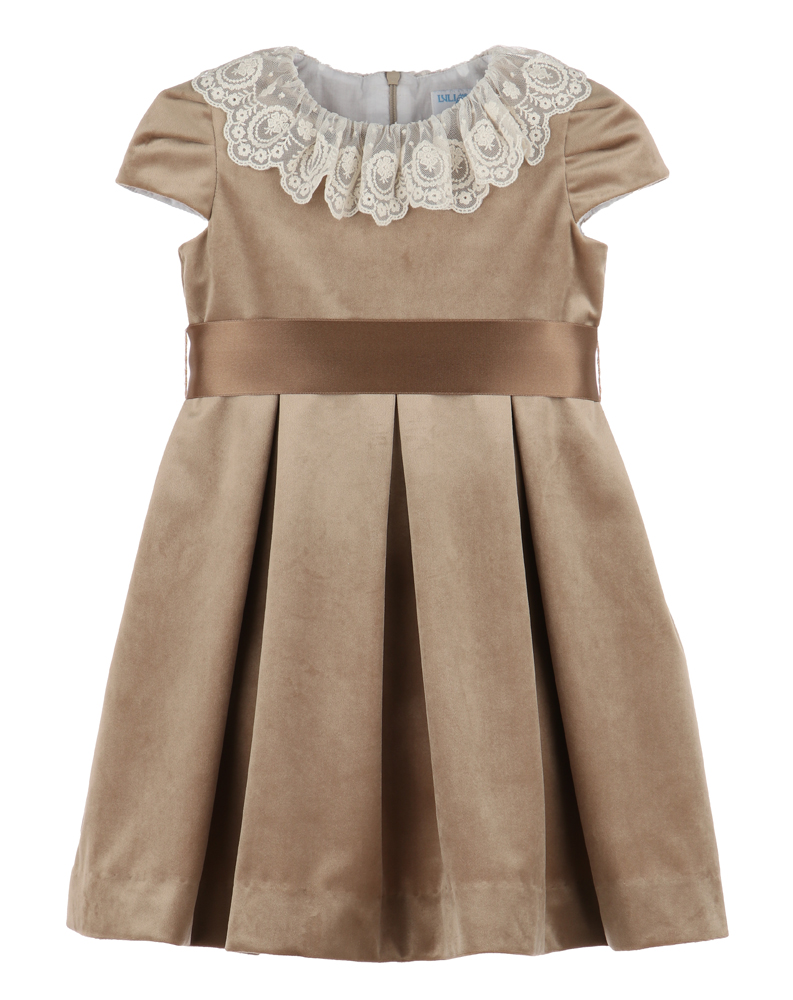 Luli & Me Girls Deluxe Velvet Dress Lace Collar Ribbon Sash Beige