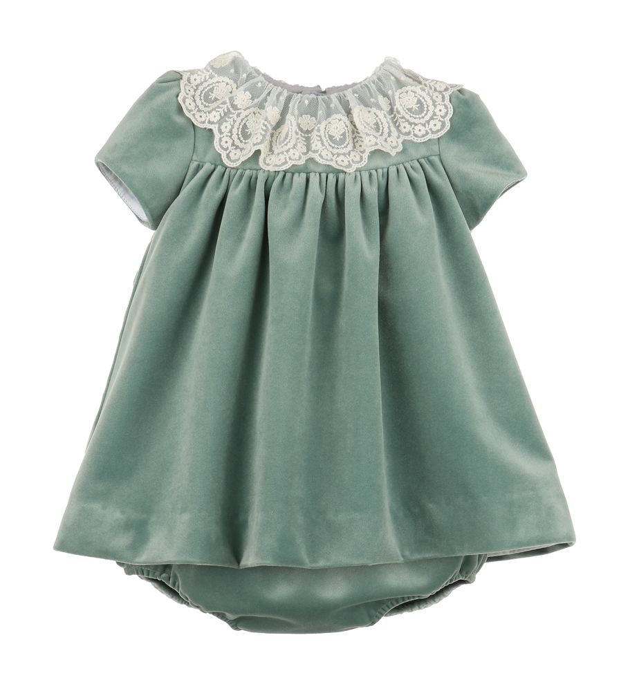 Luli & Me Girls Deluxe Velvet Float Dress Lace Collar Aqua Sage Green