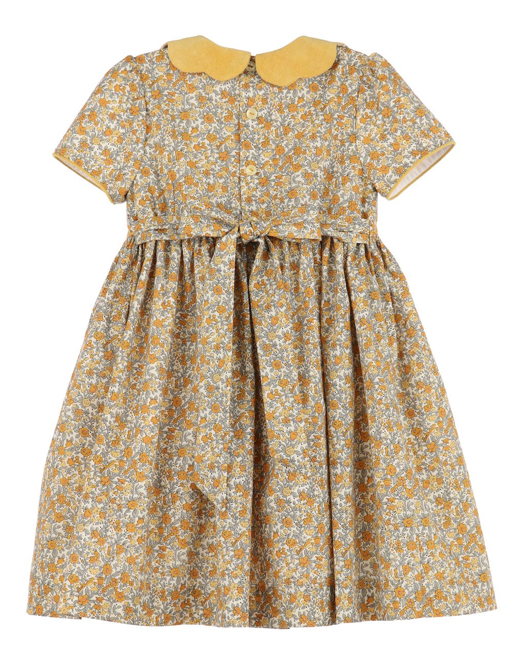 Luli & Me Girls Honey Mustard Yellow Floral Smocked Dress Scallop