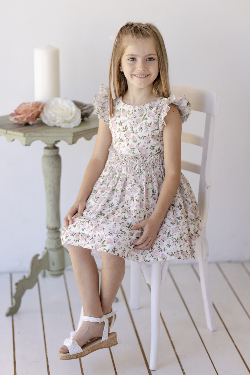 Luli & Me Girls Pink Rose Floral Smocked Ruffle Dress
