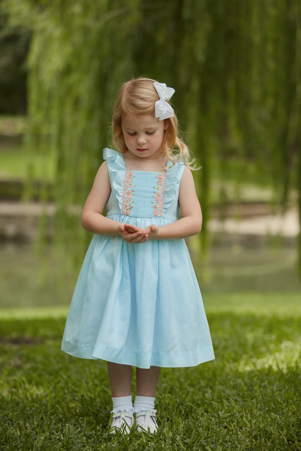 Luli & Me Girls Square Neck Smocked Ruffles Dress Blue