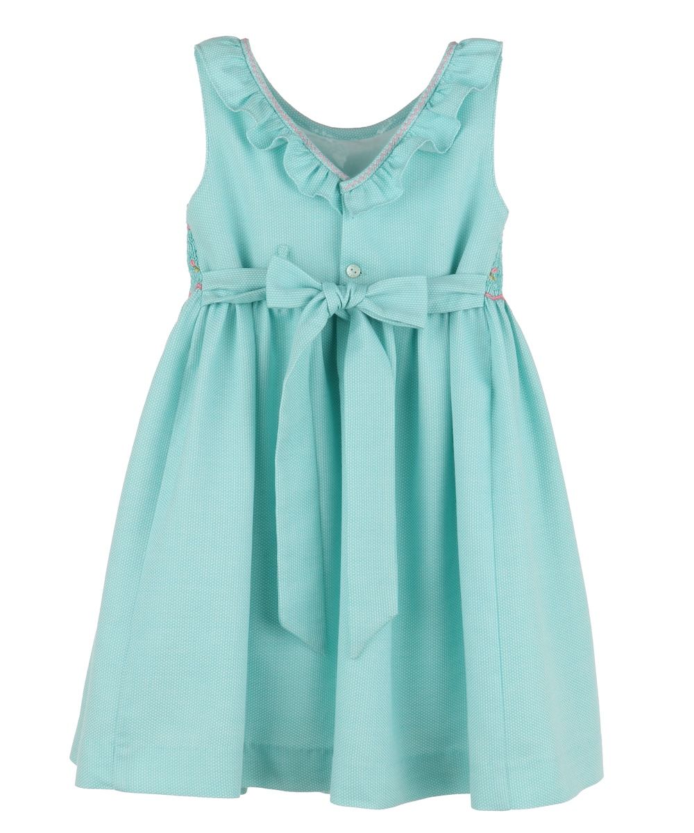 Luli & Me Girls Sunny Vibrant Smocked Sleeveless Dress with Sash Aqua