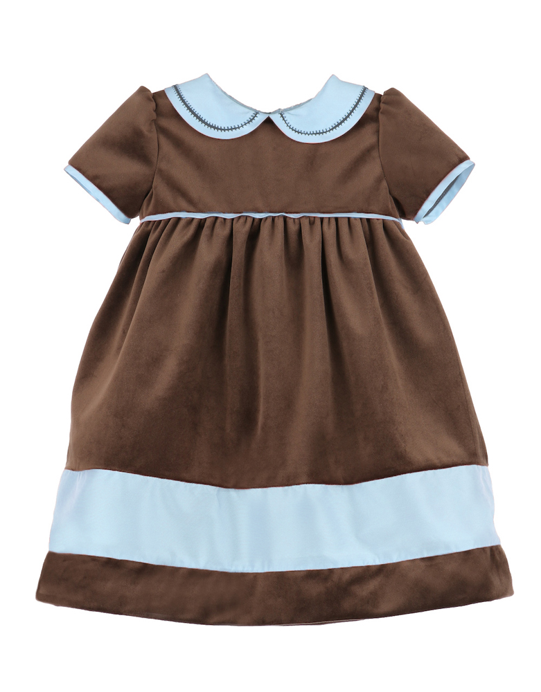 Luli & Me Girls Velvet Dress Cocoa Brown Blue Collar & Trim