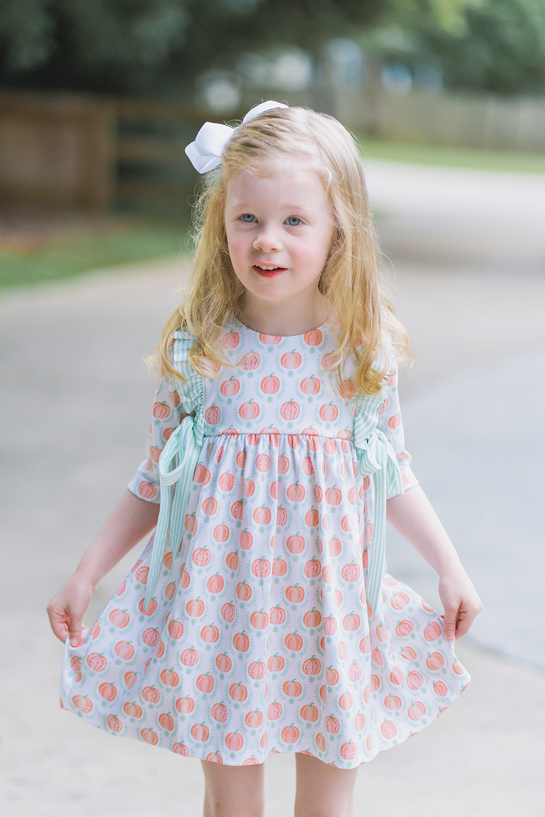 Marco & Lizzy Girls Orange Pumpkins Printed Pima Dress Green Side Bows