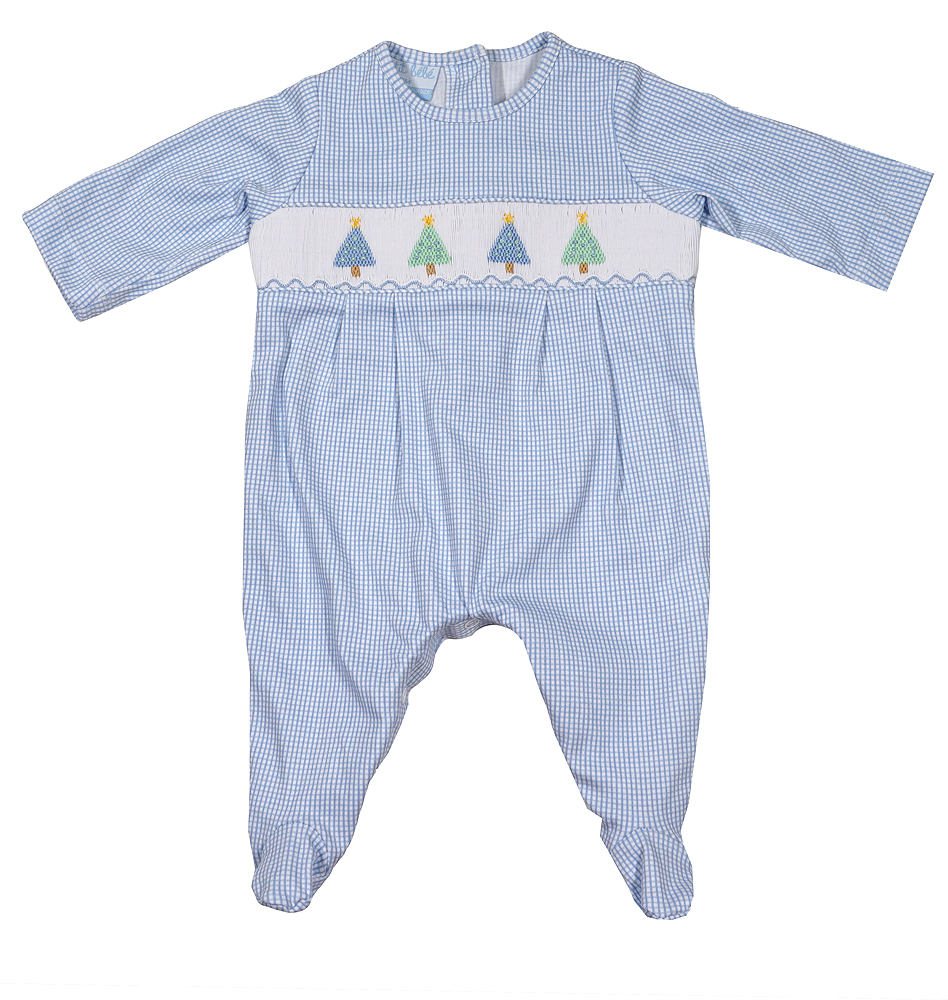 Petit Bebe Baby Boys Knit Footie Smocked Christmas Trees Light Blue