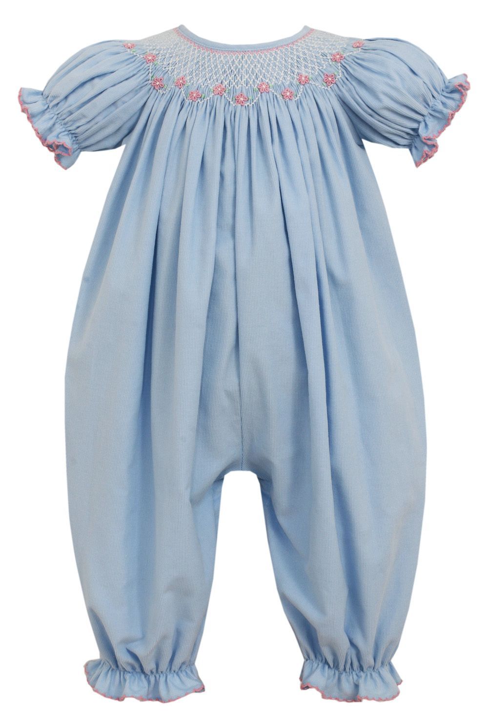 Petit Bebe Baby Girls Light Blue Corduroy Smocked Romper