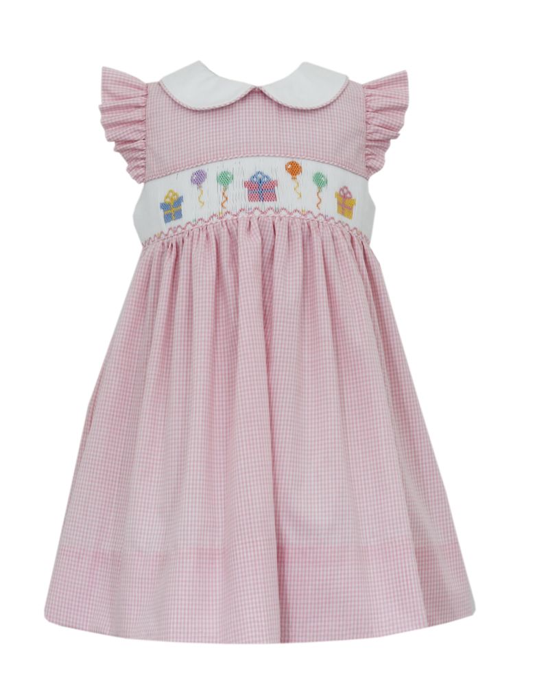 Petit Bebe Baby Girls Pink Gingham Dress with Collar Smocked Birthday