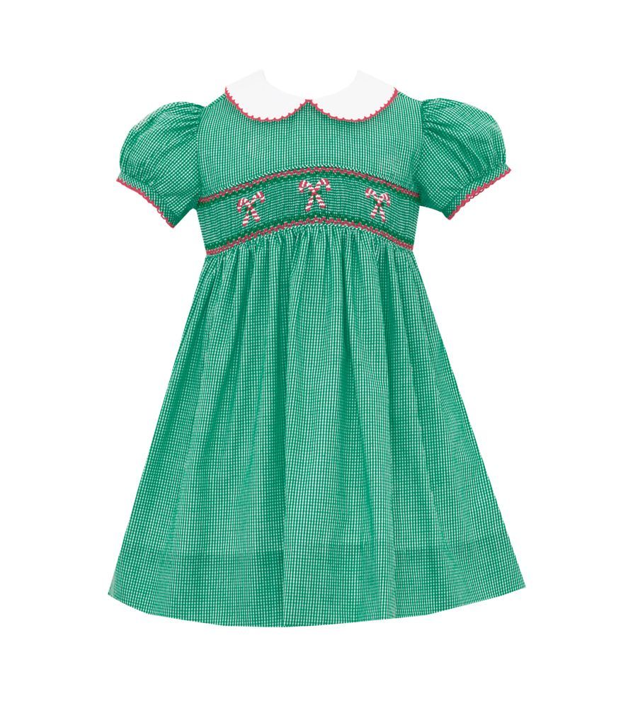 Petit Bebe Girls Green Gingham Smocked Candy Canes Dress with Collar