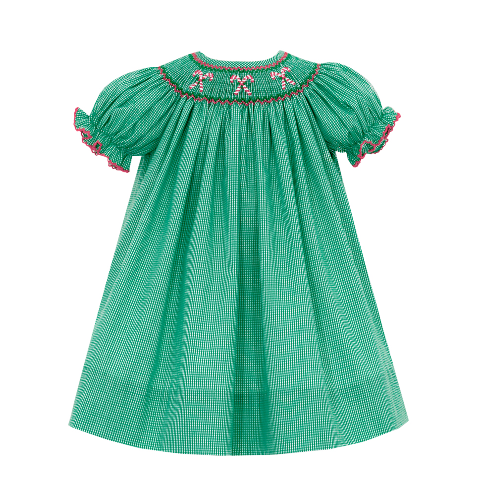 Petit Bebe Girls Green Gingham Smocked Candy Canes Dress