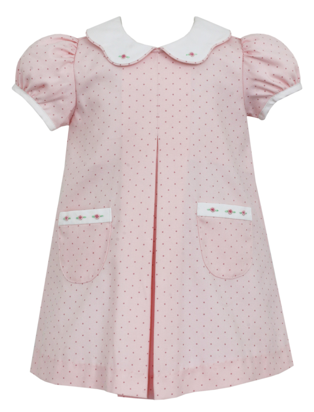 Petit Bebe Toddler Girls Pink Dot Pleat Dress Scallop Collar & Pockets