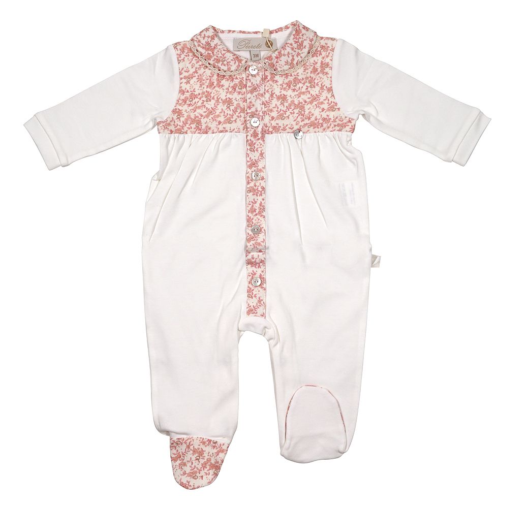 Purete Baby Girls Footie Ivory with Dusty Pink Floral Bodice