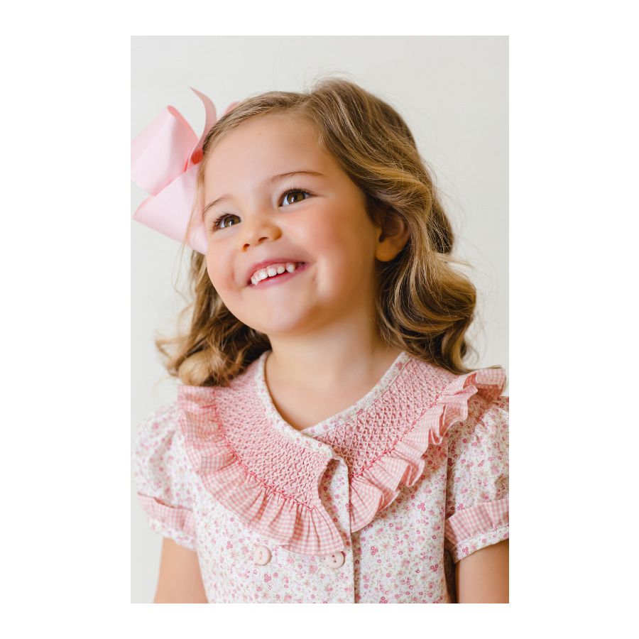 Sal & Pimenta Girls Dress Pink Garden Floral with Sash Smocked Collar