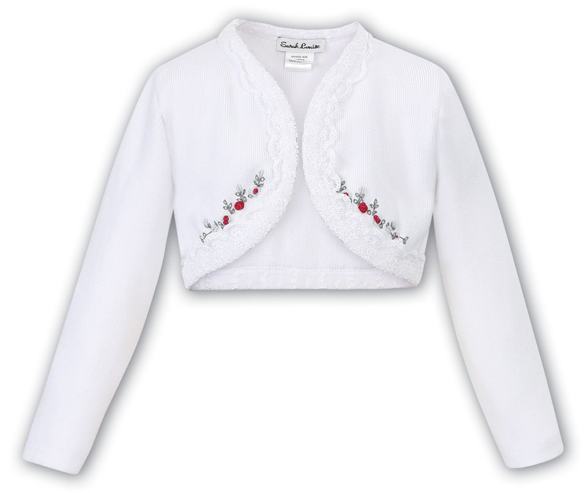 Sarah Louise Girls Lace Trim Bolero Sweater - White with Red u0026 Grey  Embroidery