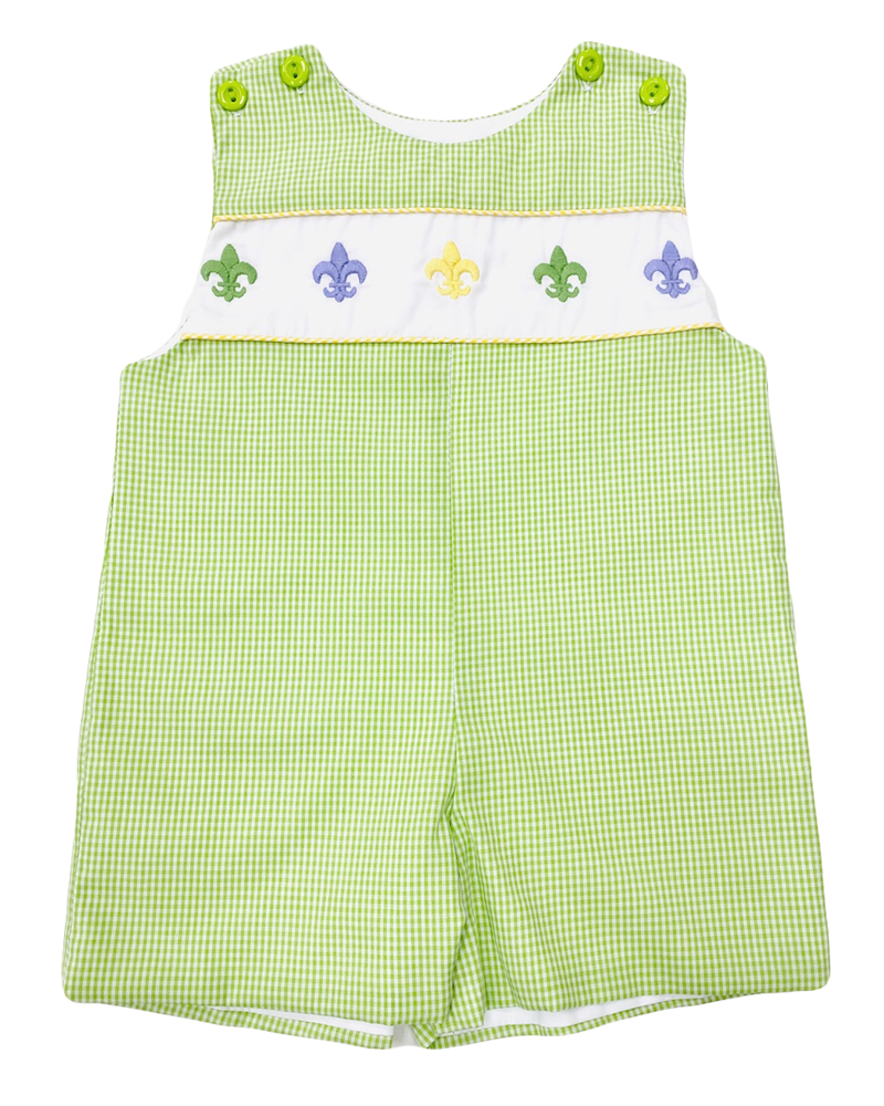 The Best Dressed Child Baby / Toddler Boys Green Check Embroidered Mardi Gras Fleur de Lis Jon Jon