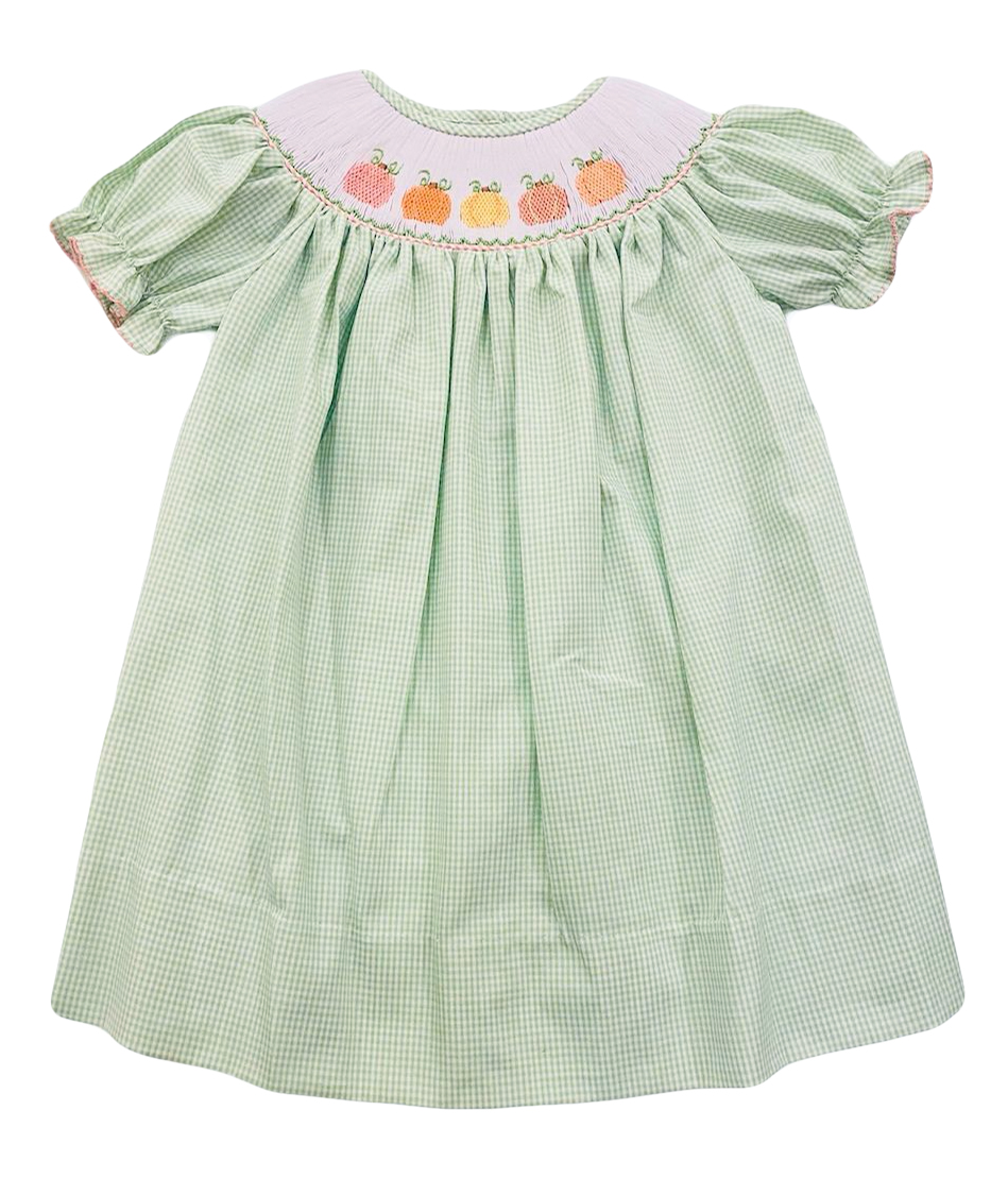 The Best Dressed Child Baby / Toddler Girls Green Gingham Smocked Pumpkins Dress