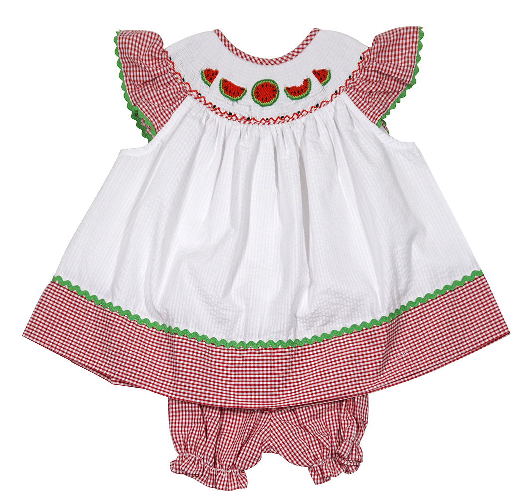 The Best Dressed Child Baby / Toddler Girls White / Red Gingham Smocked Watermelons Bloomers Set