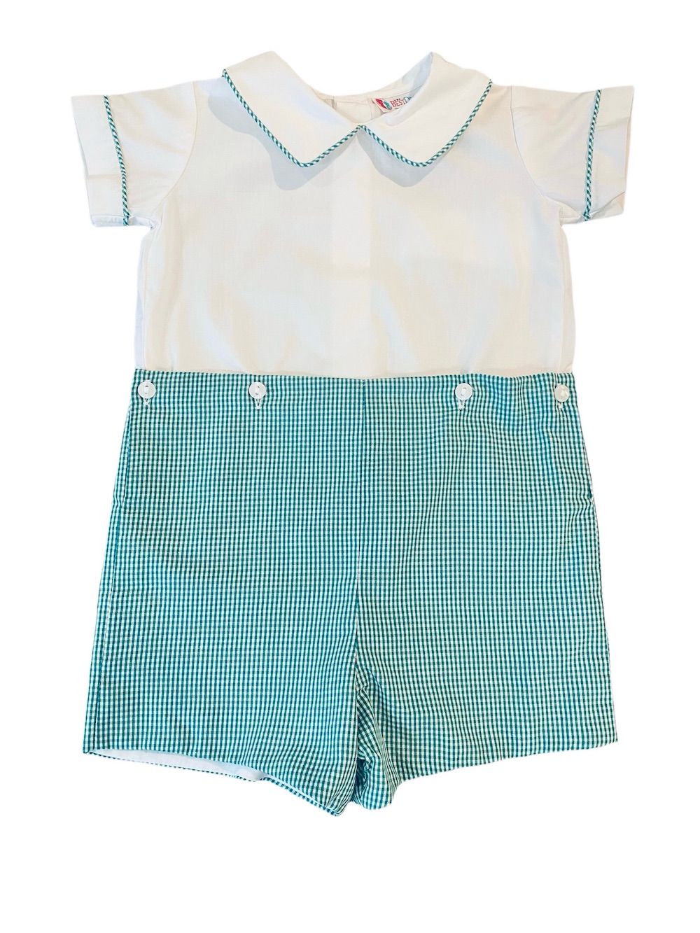 The Best Dressed Child Boys White / Green Gingham Button On Shorts Outfit