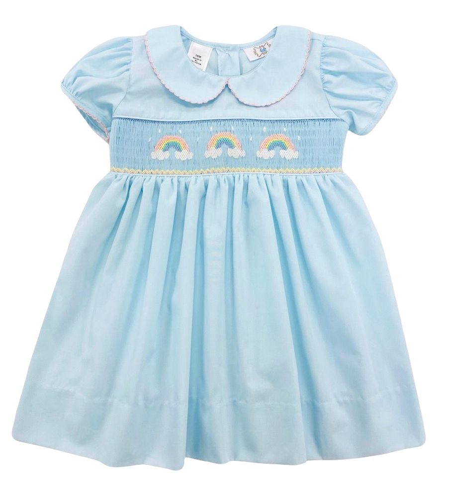 The Best Dressed Child Girls Aqua Smocked Rainbow Dress with Collar