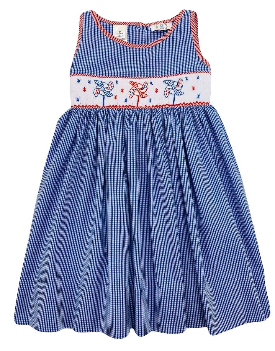 The Best Dressed Child Girls Blue Check Smocked Patriotic Pinwheels