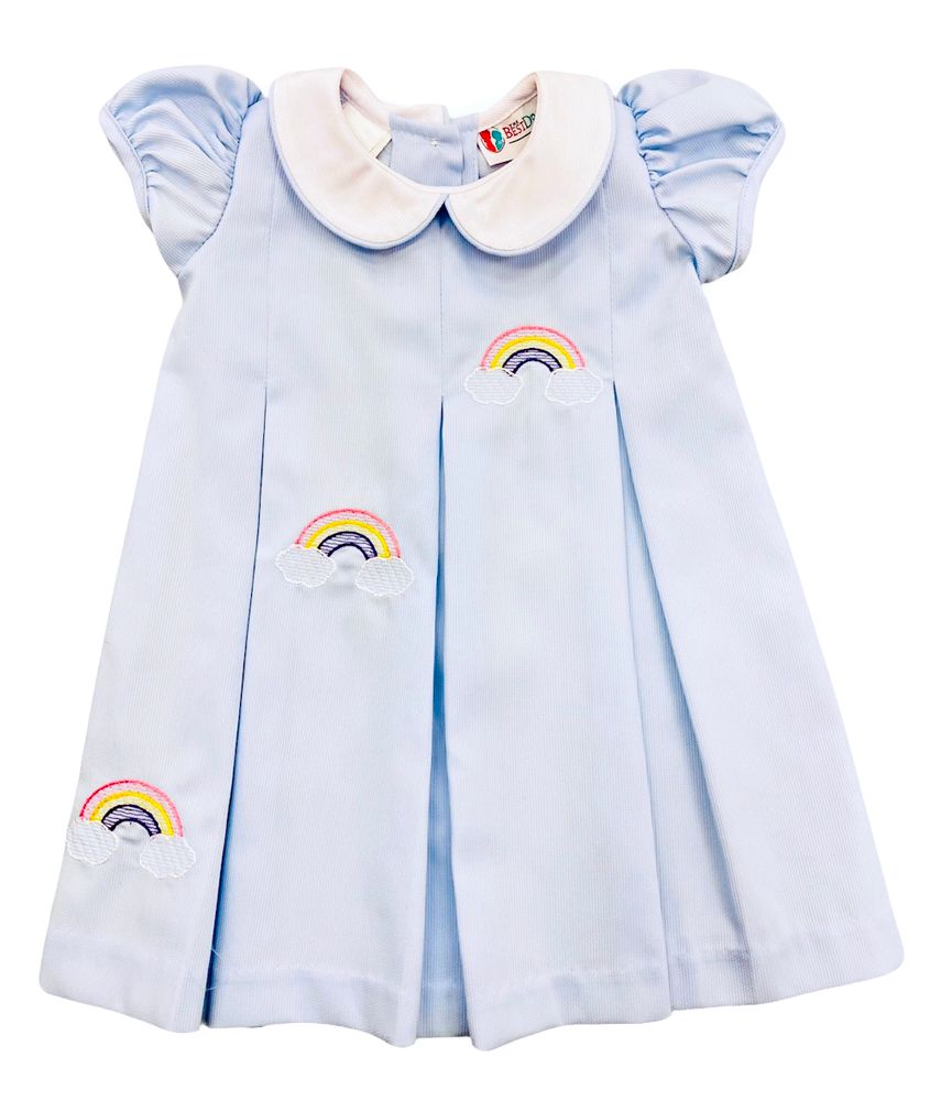 The Best Dressed Child Girls Dana Dress Blue with Embroidered Rainbows