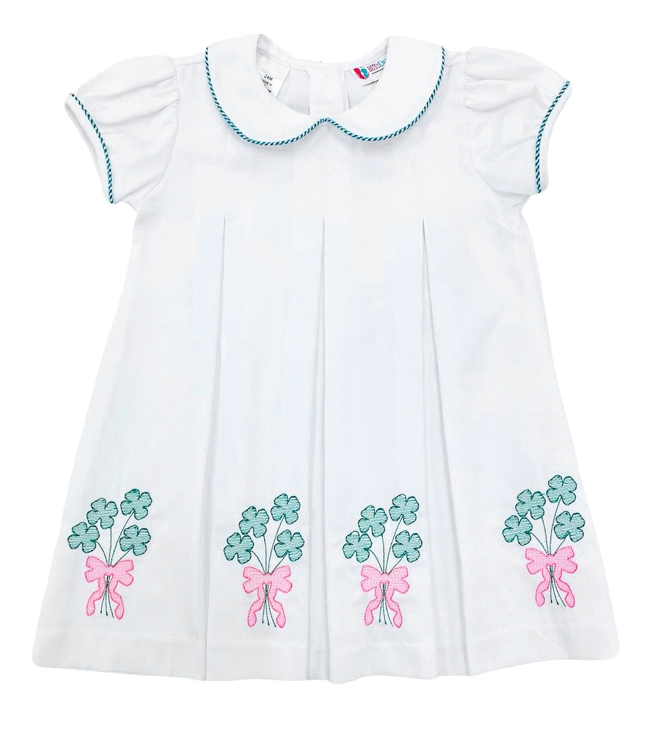 The Best Dressed Child Girls Dana Pleat Dress White with Green Clover