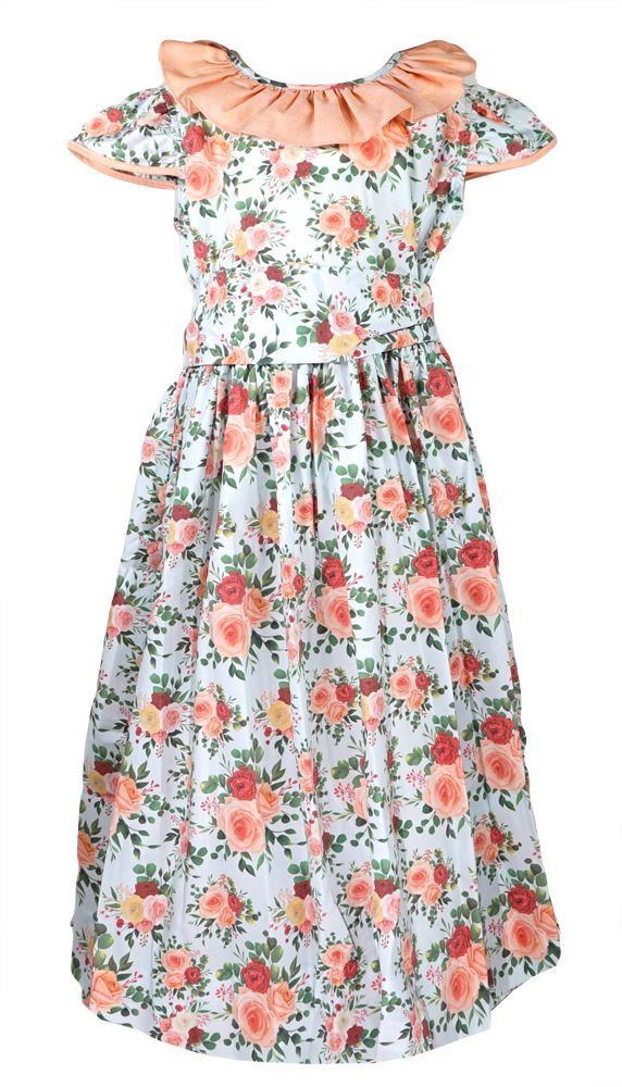 The Best Dressed Child Girls Peach Roses Floral Print Dress with Sash
