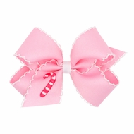 Wee Ones Girls Hair Bow - Embroidered Candy Cane on Pink Bow