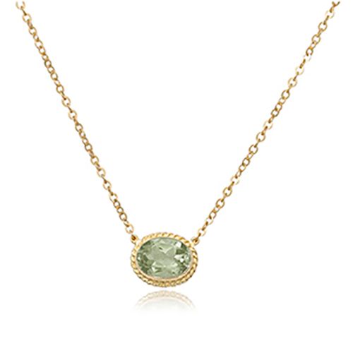 14K Gold 8 x 6 Oval Prasiolite 18-19 Inch Chain Necklace