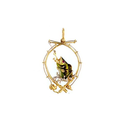 14k Gold Bass On Rods Enamel Pendant - 008 E