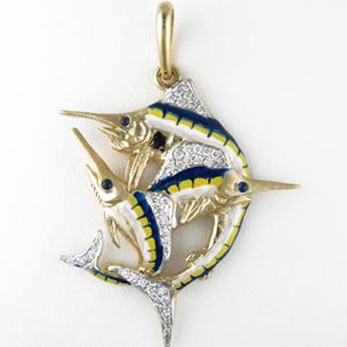 14k Gold Billfish Slam Diamond Enamel Pendant - 223 DE