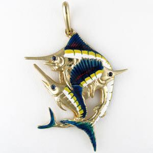 14k Gold Billfish Slam Enamel Pendant - 223 E