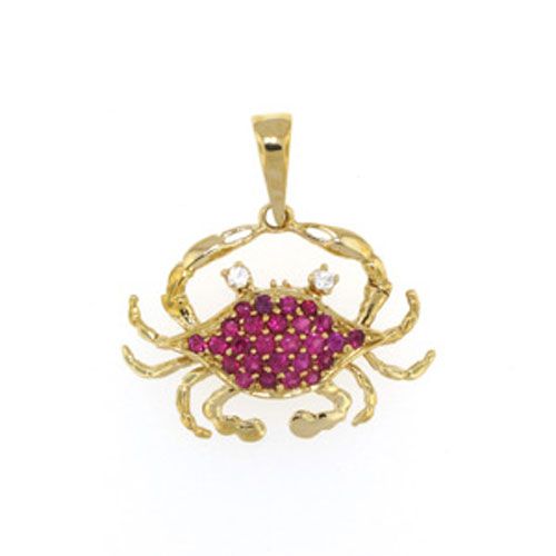 14k Gold Blue Crab with Rubies Pendant - 129 R
