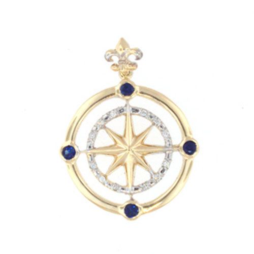 14k Gold Compass Rose with Sapphire Diamonds Pendant - 458 DS