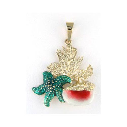 14k Gold Coral Starfish & Conch Pendant - 330