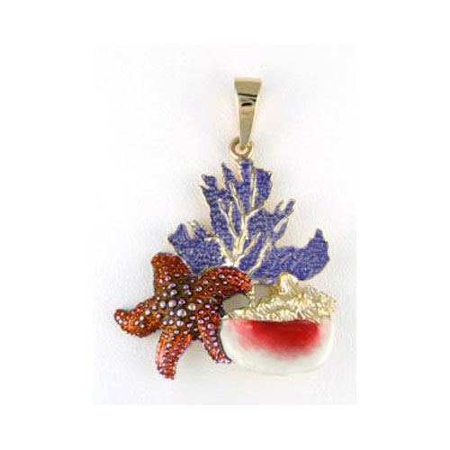 14k Gold Coral Starfish & Conch Pendant - 330 A