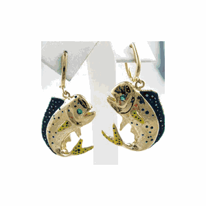 14k Gold Enamel Mahi Dangle Earrings - 606 E