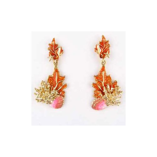 14k Gold Fan & Branch Coral with Shell Earrings - 642 A