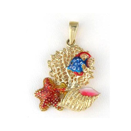 14k Gold Fan Coral with Small Fish Pendant - 334 A