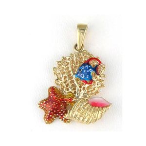 14k Gold Fan Coral with Small Fish Pendant - 334 A