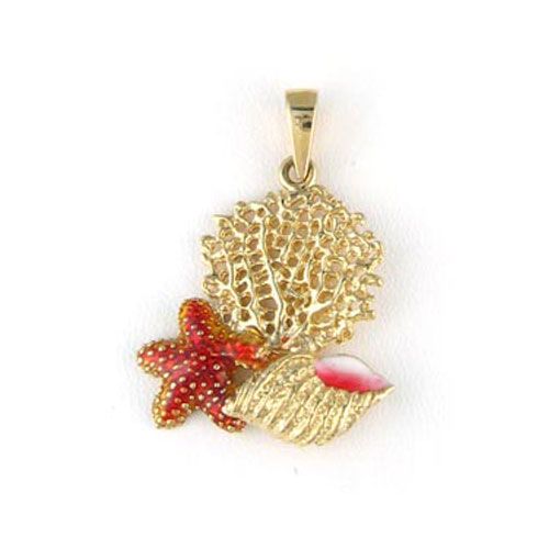 14k Gold Fan Coral with Trumpet Conch & Starfish Pendant - 334