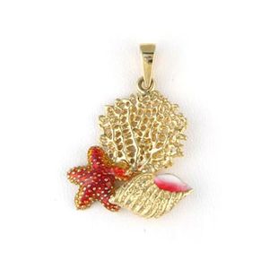 14k Gold Fan Coral with Trumpet Conch & Starfish Pendant - 334