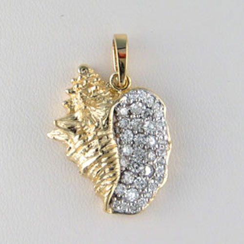 14k Gold Large Conch Hollow Diamond Pendant - 377 HD