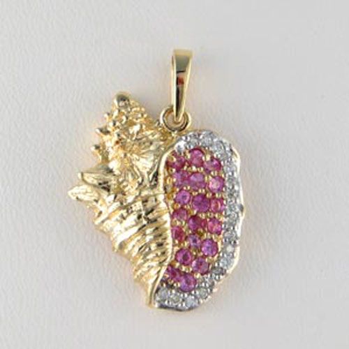14k Gold Large Conch Hollow Diamond Sapphire Pendant - 377 HDS
