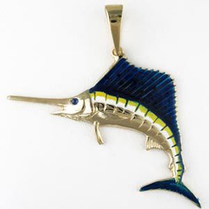 14k Gold Large Jumping Sailfish Enamel Pendant - 220 E