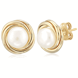14K Gold Large Knot with 8mm FW Pearl Earrings