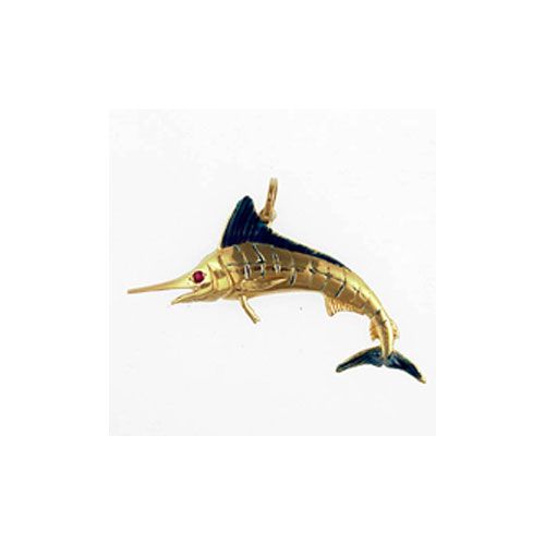14k Gold Large Marlin Leaping Enamel Pendant - 132 E