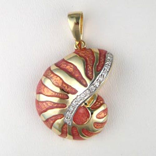 14k Gold Large Nautilus Diamond & Enamel Pendant - 268 DE