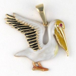 14k Gold Large Pelican Enamel Pendant - 260 E