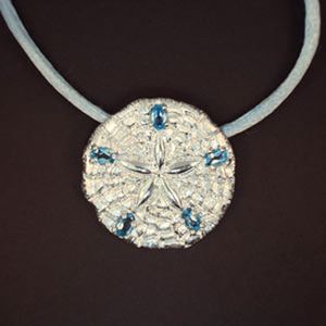 14k Gold Large Sand Dollar with 5 Blue Topaz Pendant - 298 5BT